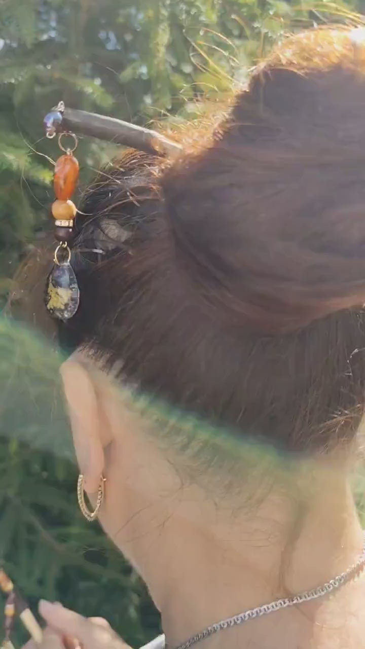 Epoxy Resin Hair Stick with Thuja and Tiny Cone - Bohemian Hair Accessory