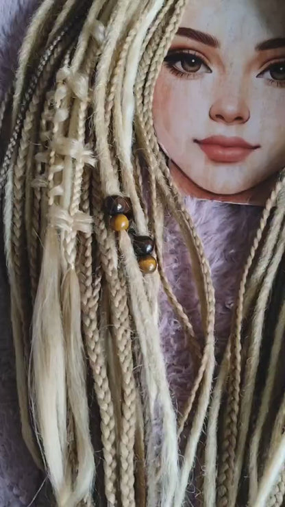Dunkelblond/Hellblond Boho Kunst-Dreadlocks – doppelseitige Dreads mit Zöpfen
