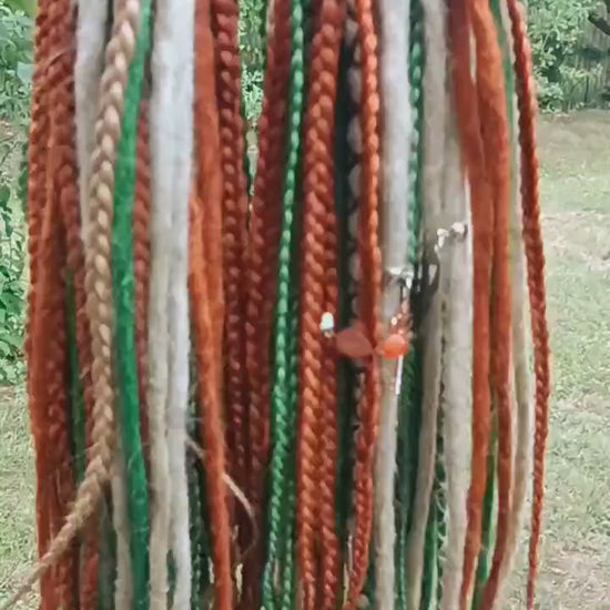 Vibrant Red, Green, and Blonde Synthetic Dread and Braids Extensions Set