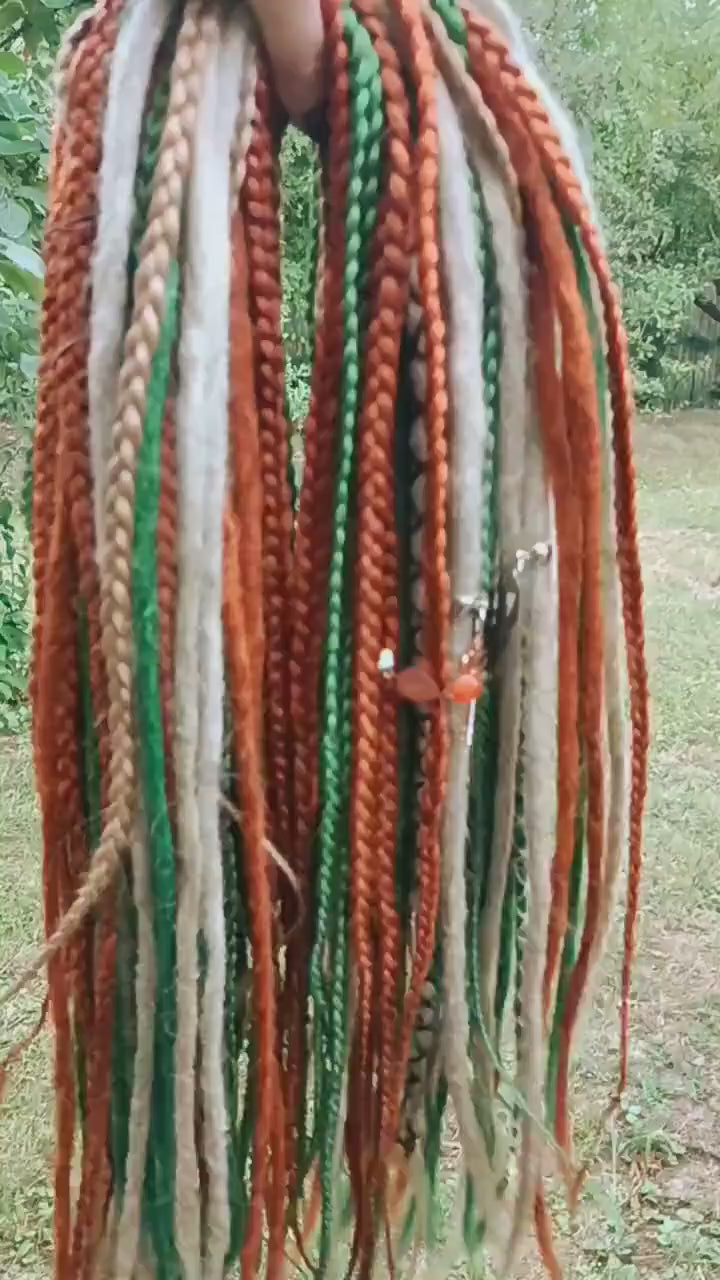 Vibrant Red, Green, and Blonde Synthetic Dread and Braids Extensions Set