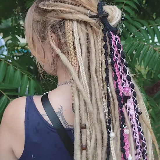 Bohemian Black and Pink Dreadlock Hair Jewelry - Handcrafted Tribal Dreadcuff