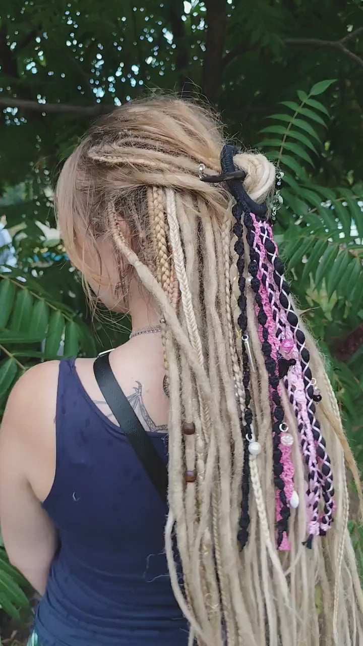 Bohemian Black and Pink Dreadlock Hair Jewelry - Handcrafted Tribal Dreadcuff