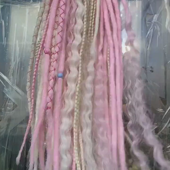 Vibrant Pink and Blond Synthetic Crochet Dreads Extensions - Boho Style Double-Ended Dreadlocks and Braids & with loose curls