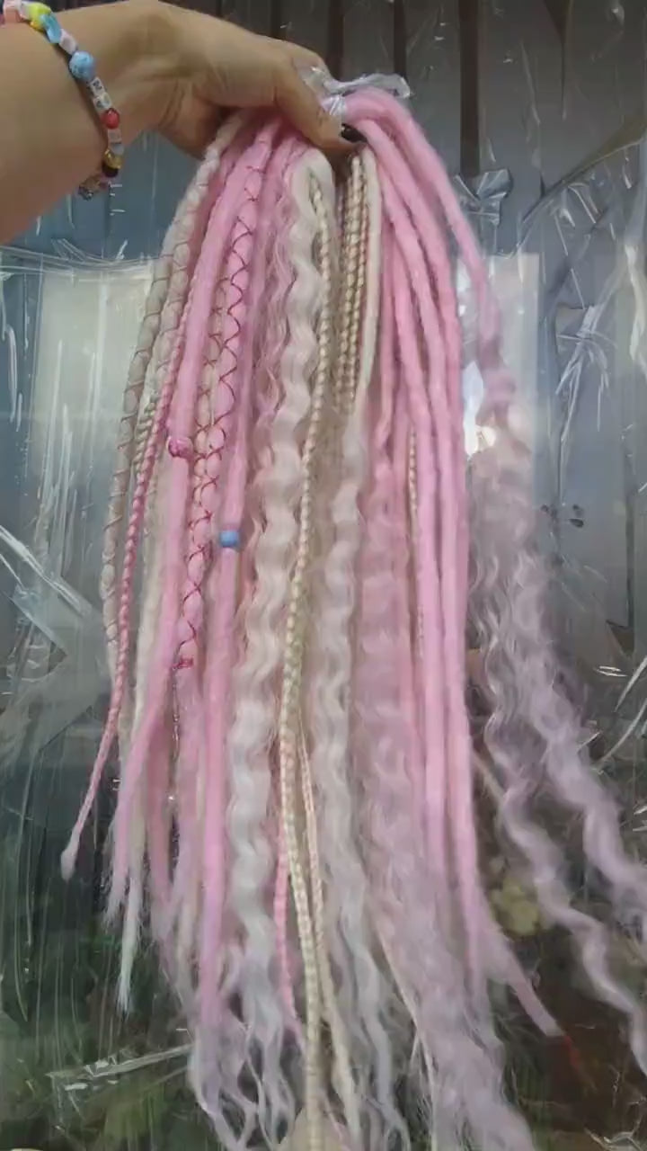 Vibrant Pink and Blond Synthetic Crochet Dreads Extensions - Boho Style Double-Ended Dreadlocks and Braids & with loose curls