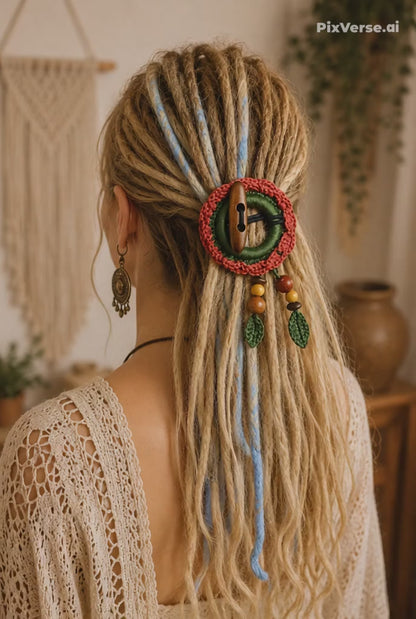Terracotta Crochet Hair Cuff with Wooden Toggle for Dreadlocks, Braids and Thick Hair