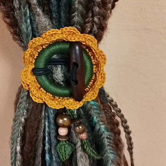 Crochet Sunflower Hair Cuff with Wooden Stick – Boho Dreadlock Tie