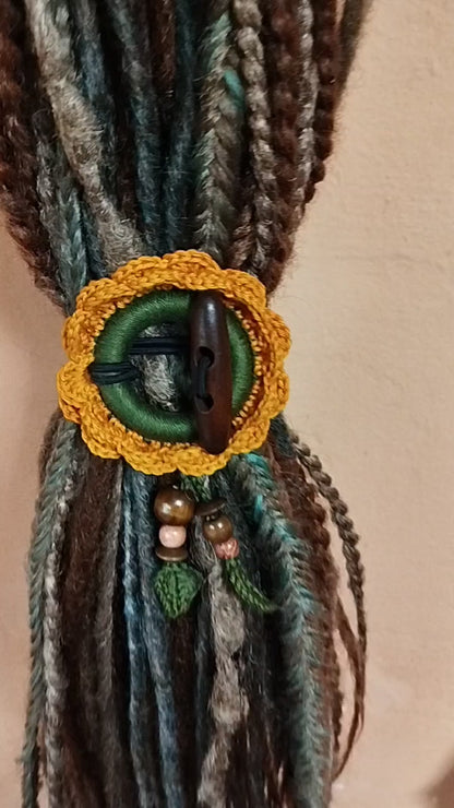 Crochet Sunflower Hair Cuff with Wooden Stick – Boho Dreadlock Tie