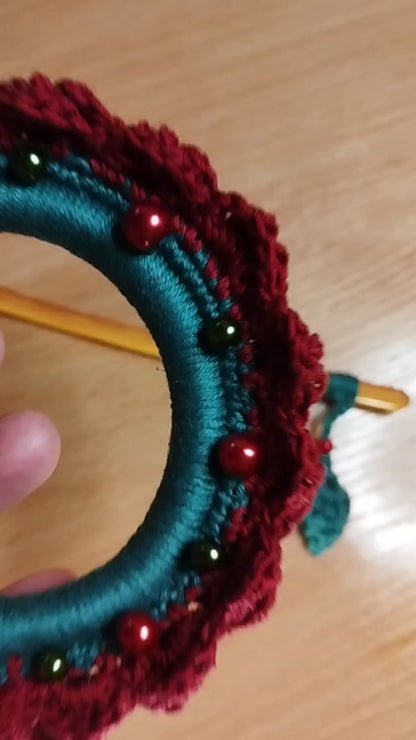 Burgundy Crochet Hair Cuff with Wooden Stick 