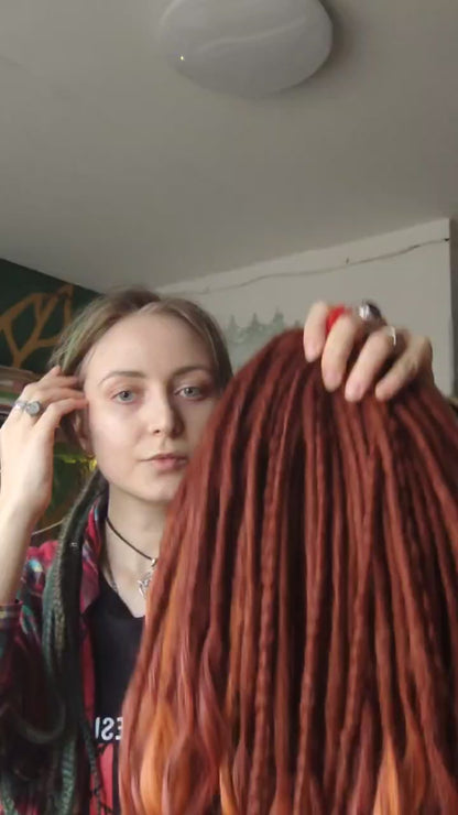 Kupfer-Auburn Boho Fake Dreads mit bürstbaren Locken – weiche synthetische Dreads, kein Orange