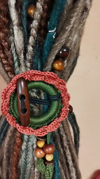 Terracotta Crochet Hair Cuff with Wooden Toggle for Dreadlocks, Braids and Thick Hair