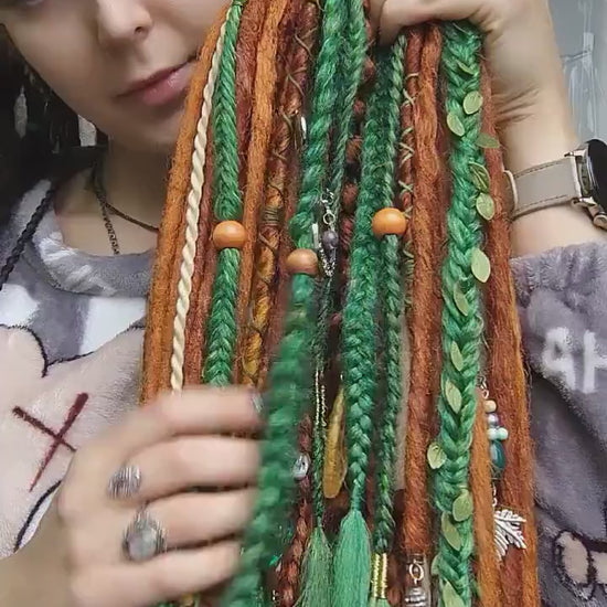 Vibrant Сopper, Green, and Blonde Synthetic Dread and Braids Extensions Forest Set