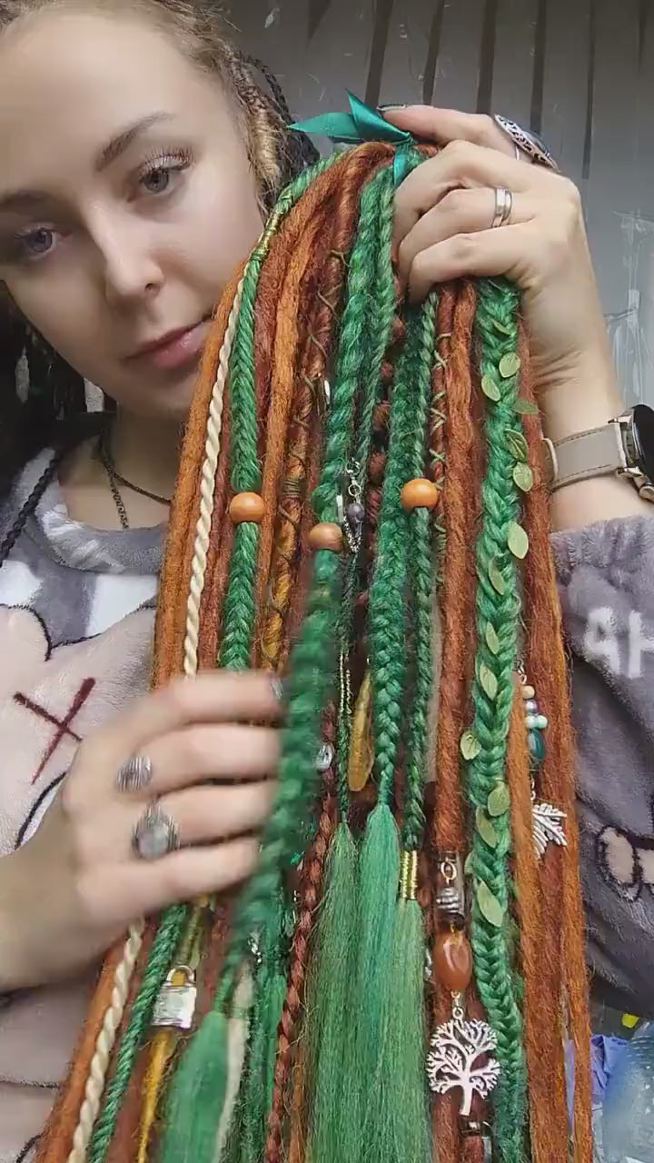 Vibrant Сopper, Green, and Blonde Synthetic Dread and Braids Extensions Forest Set