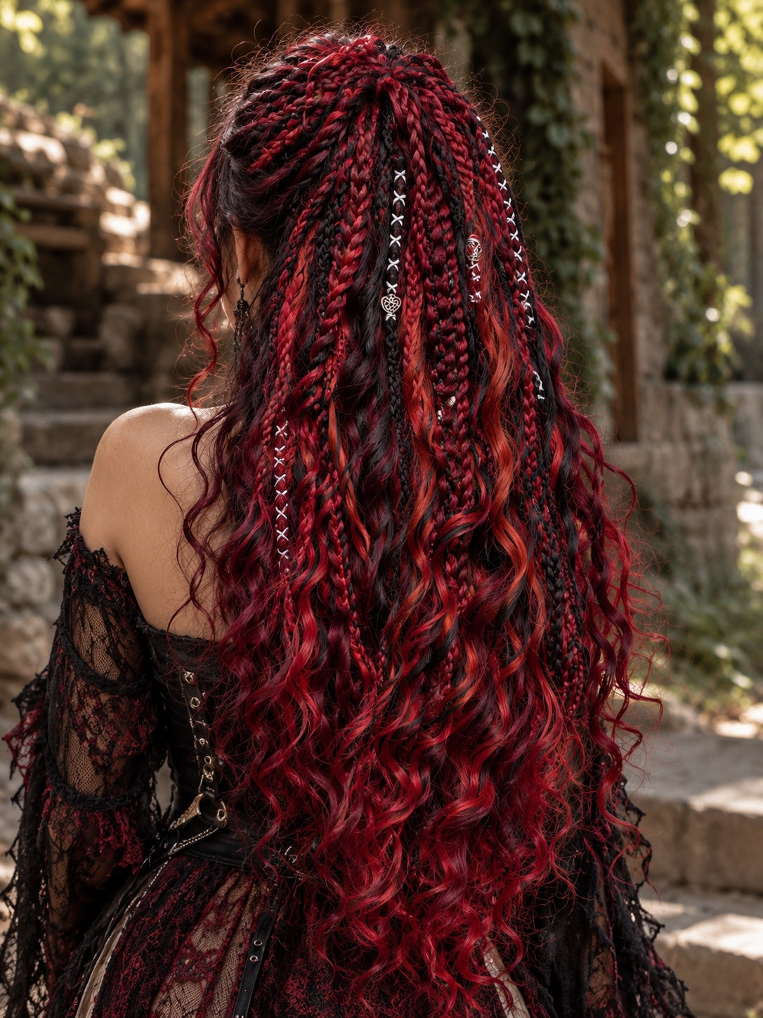 Black red burgundy handmade boho dreadlocks with wavy curls, braids and silver-toned accents – photo 1