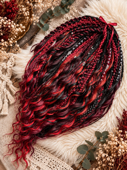 Black red burgundy handmade boho dreadlocks with wavy curls, braids and silver-toned accents – photo 2