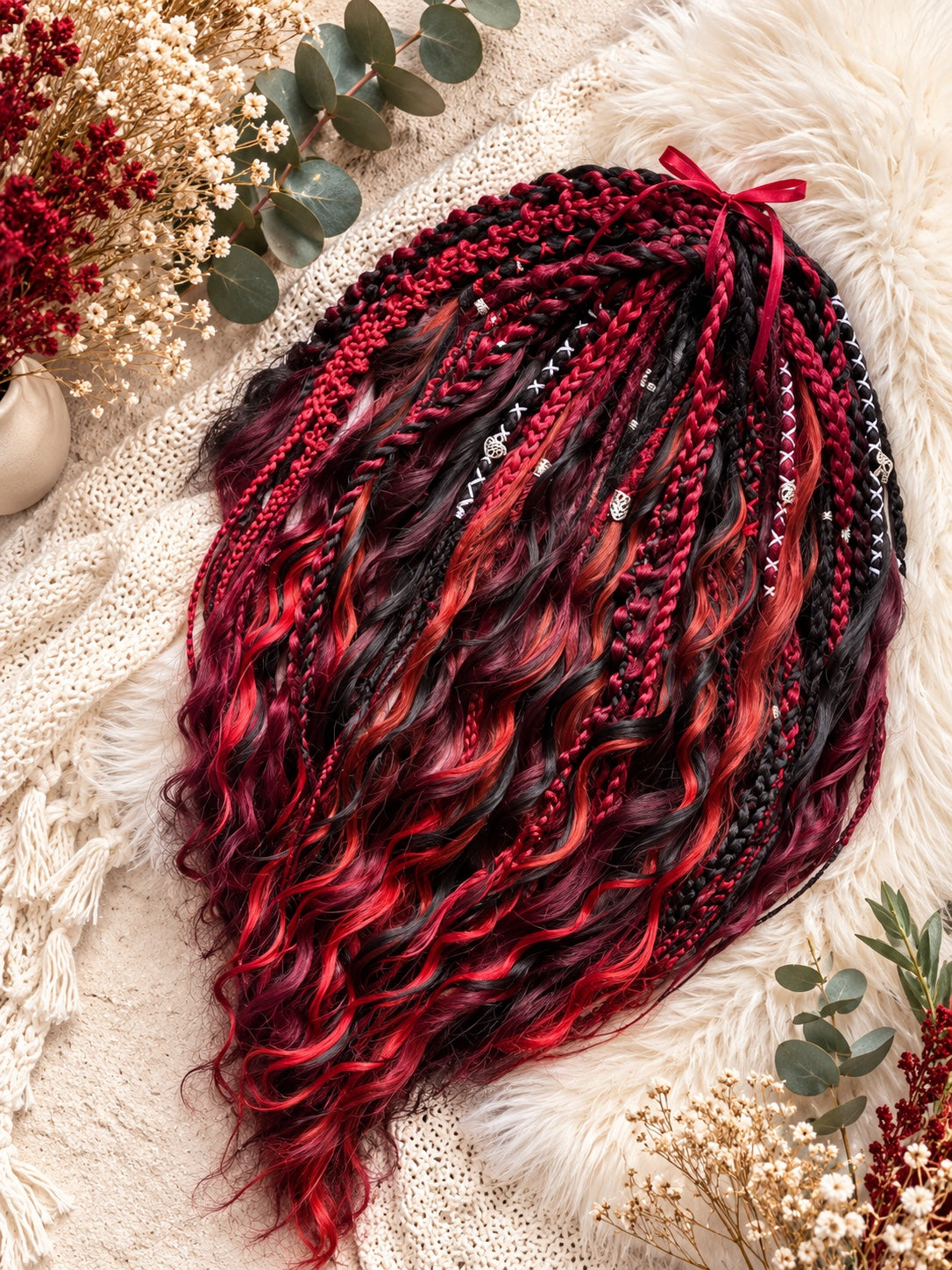 Black red burgundy handmade boho dreadlocks with wavy curls, braids and silver-toned accents – photo 3
