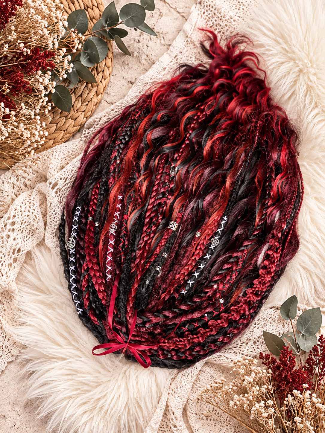 Black red burgundy handmade boho dreadlocks with wavy curls, braids and silver-toned accents – photo 4