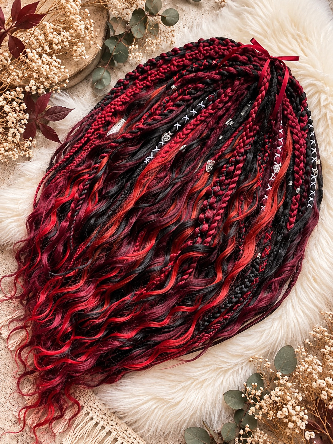 Black red burgundy handmade boho dreadlocks with wavy curls, braids and silver-toned accents – photo 5