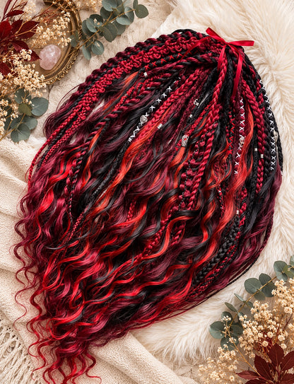 Black red burgundy handmade boho dreadlocks with wavy curls, braids and silver-toned accents – photo 7