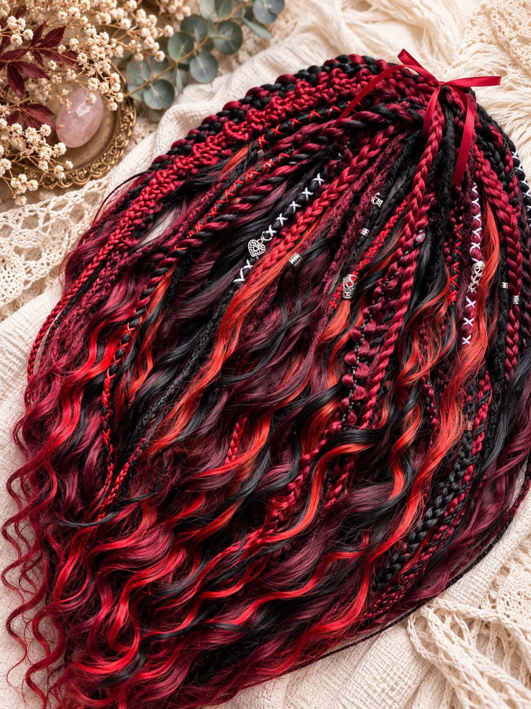 Black red burgundy handmade boho dreadlocks with wavy curls, braids and silver-toned accents – photo 6