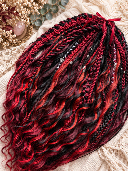 Black red burgundy handmade boho dreadlocks with wavy curls, braids and silver-toned accents – photo 6